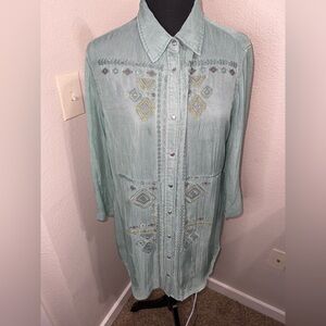 Ryan Michael Women's Embroidered Snap Button Down Shirt Sheer Cupro- Large